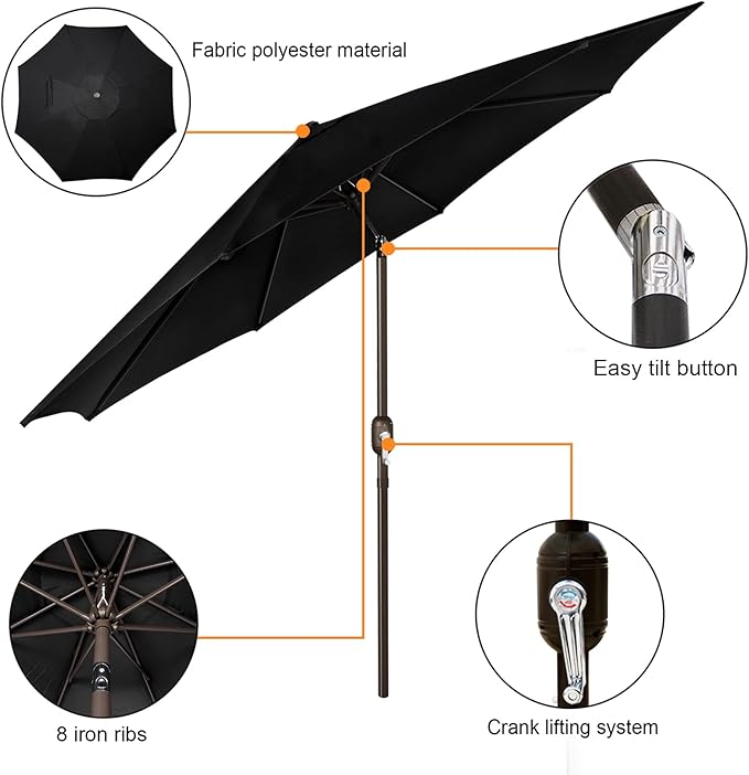 9' Outdoor Patio Umbrella, Outdoor Table Umbrella, Yard Umbrella, Market Umbrella with 8 Sturdy Ribs, Push Button Tilt and Crank