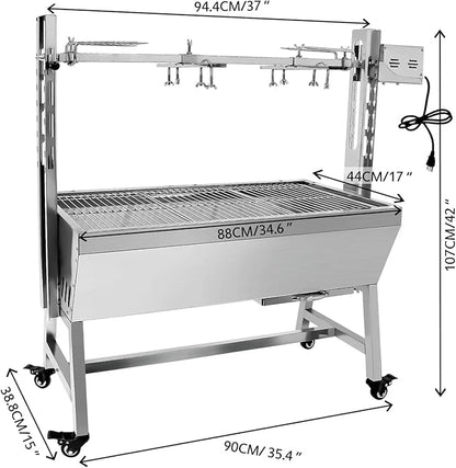 Rotisserie Grill with Back Cover Guard, 25W Motor 37 Inch Stainless Steel Small Pig Lamb Rotisserie Roaster, BBQ Charcoal Rotisserie Grill for Camping Party, Outdoor Kitchen (40KG)