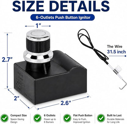 Uniflasy DHL-128-6Q Grill Igniter Kit 6 Outlet Spark for Nexgrill Gas Grill | For 720-0882A/0896B/0896E/0830H and Blackstone 36 in griddle; push-button module with 6 wires, 35.6 in each, easy BBQ setup