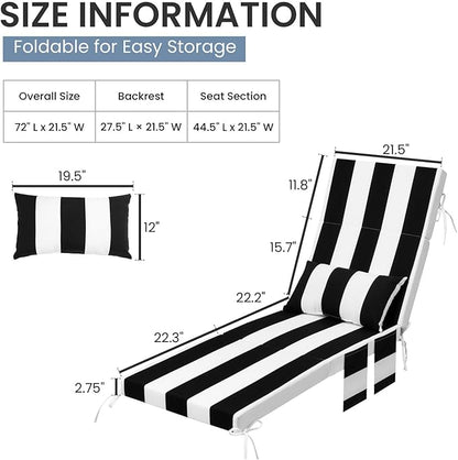 Crestlive Products Foldable Outdoor Chaise Lounge Cushions with Head Pillow and Side Pockets,Water Repellent & Fade Resistant Lounge Chair Cushion, 72''L x 21''W, Black Stripe