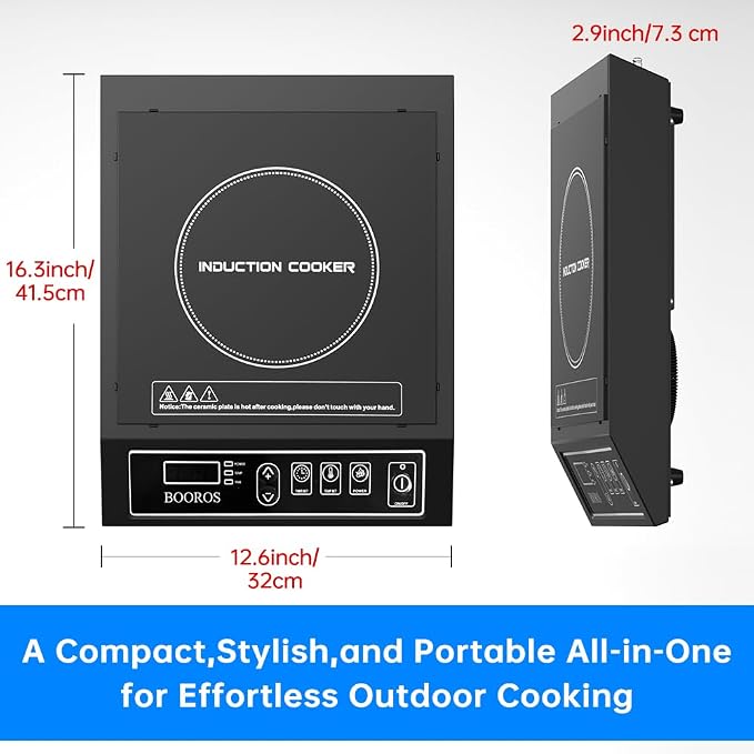 BOOROS Portable Induction Cooktop, 9.6" Heating Coil with 8" Core, 1800W | Induction Burner Countertop ,10 Temp Levels 175-520°F, 24H Timer & Preset, Overheat Protection for Commercial & Home Use