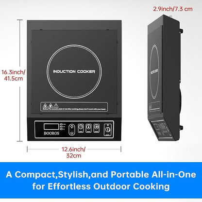 BOOROS Portable Induction Cooktop, 9.6" Heating Coil with 8" Core, 1800W | Induction Burner Countertop ,10 Temp Levels 175-520°F, 24H Timer & Preset, Overheat Protection for Commercial & Home Use