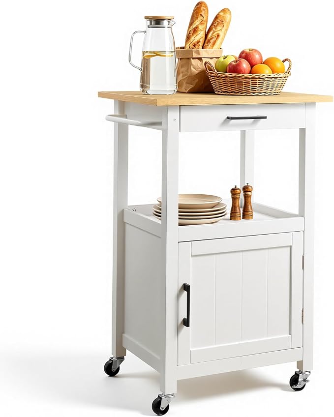VEVOR Kitchen Island Cart with Single Door Cabinet, Mobile Carts with Drawer, Towel Rack, Hooks, Portable Table on Swivel Wheels, Small Coffee Islands Microwave Stand for Dining Room, 18x23 in, White