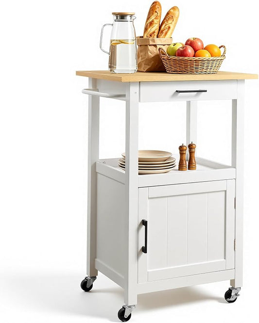 VEVOR Kitchen Island Cart with Single Door Cabinet, Mobile Carts with Drawer, Towel Rack, Hooks, Portable Table on Swivel Wheels, Small Coffee Islands Microwave Stand for Dining Room, 18x23 in, White
