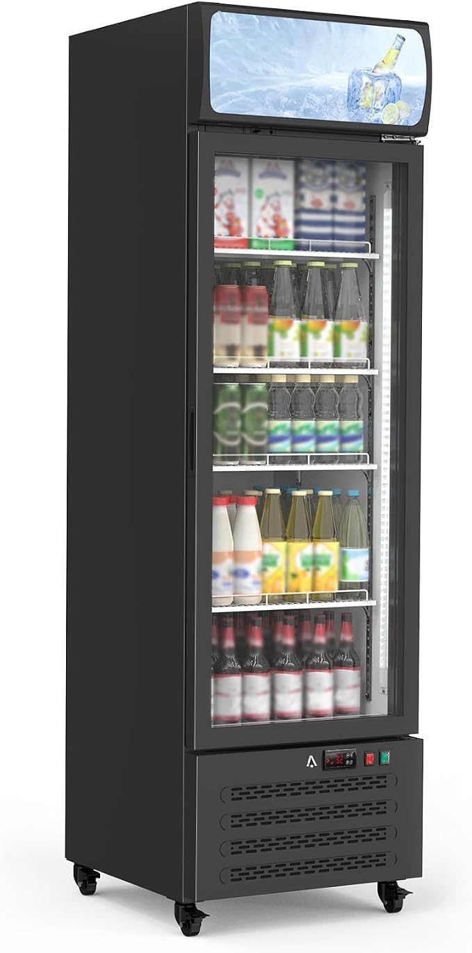 17.6 Cu.Ft Commercial Display Refrigerator,Glass Door Beverage Cooler with Adjustable Shelves,LED Lighting & Advertising Panel, Mobile Design