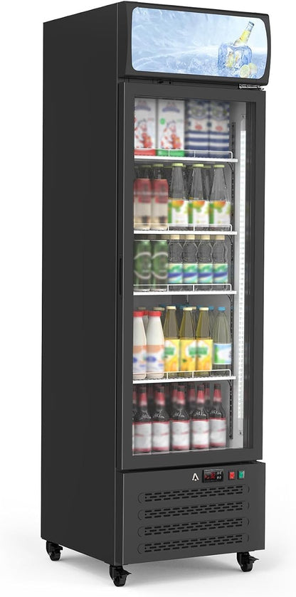 17.6 Cu.Ft Commercial Display Refrigerator,Glass Door Beverage Cooler with Adjustable Shelves,LED Lighting & Advertising Panel, Mobile Design