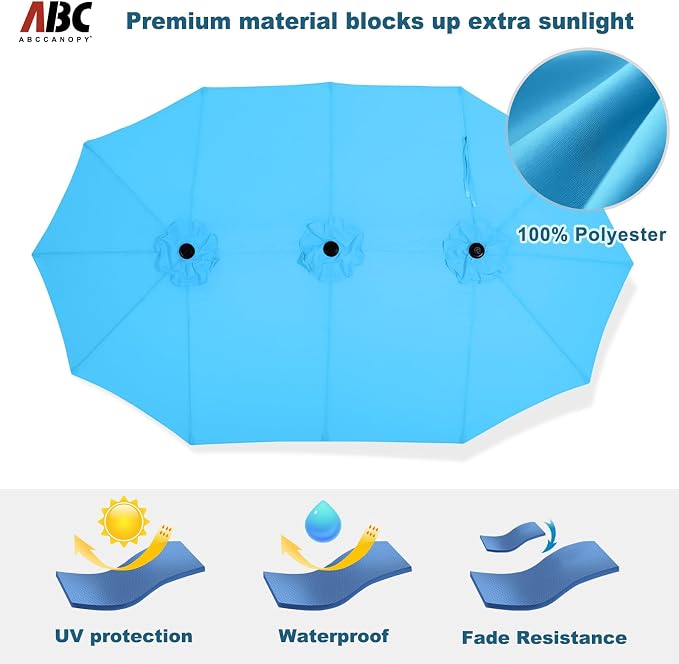 ABCCANOPY 15FT Double-Sided Rectangle Patio Umbrella with Base, Turquoise | Rectangular Outdoor Table Umbrella with Crank, Heavy Duty Market Umbrella Shade for Garden,Poolside, Lawn, Backyard