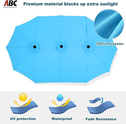ABCCANOPY 15FT Double-Sided Rectangle Patio Umbrella with Base, Turquoise | Rectangular Outdoor Table Umbrella with Crank, Heavy Duty Market Umbrella Shade for Garden,Poolside, Lawn, Backyard
