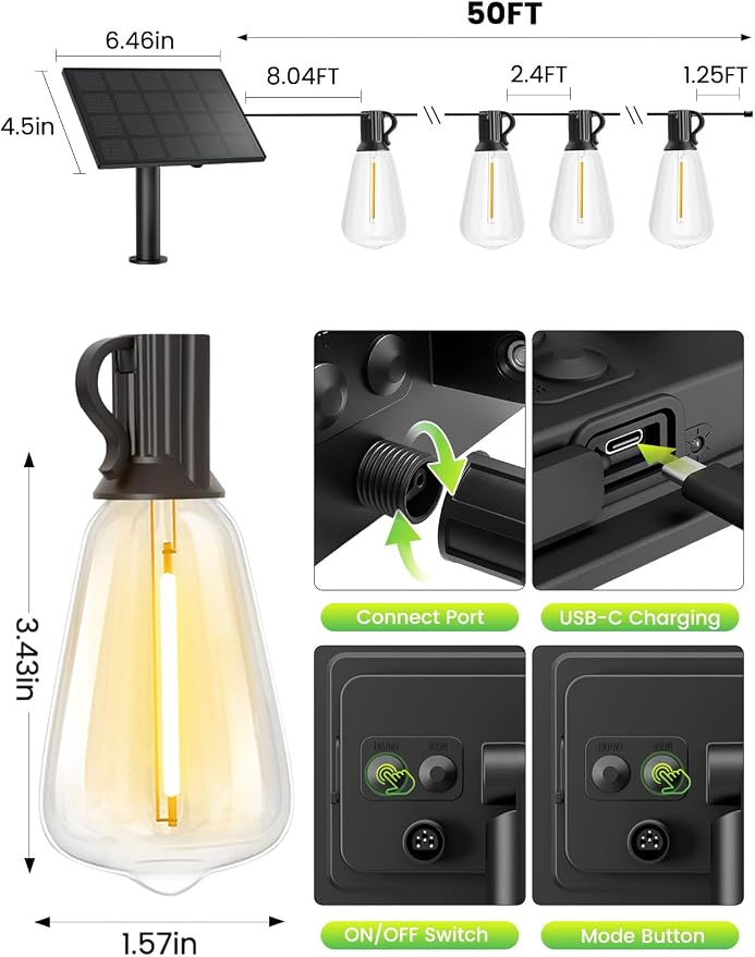 Svater 50FT Solar String Lights Outdoor with Remote, ST38 Patio Light with 19 LED Dimmable Shatterproof Bulbs, Solar Powered String Lights Waterproof for Cafes, Gardens, Bistro Warm White