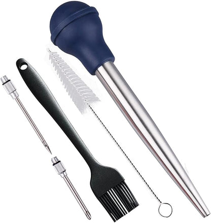Turkey Baster, 18/8 Stainless Steel Turkey Baster Syringe for Cooking, Meat Injector Baster Set & 2 Needles & 2 Cleaning Basting Brush, Baster for Flavor Meat Poultry, Beef & Chicken Ect Blue