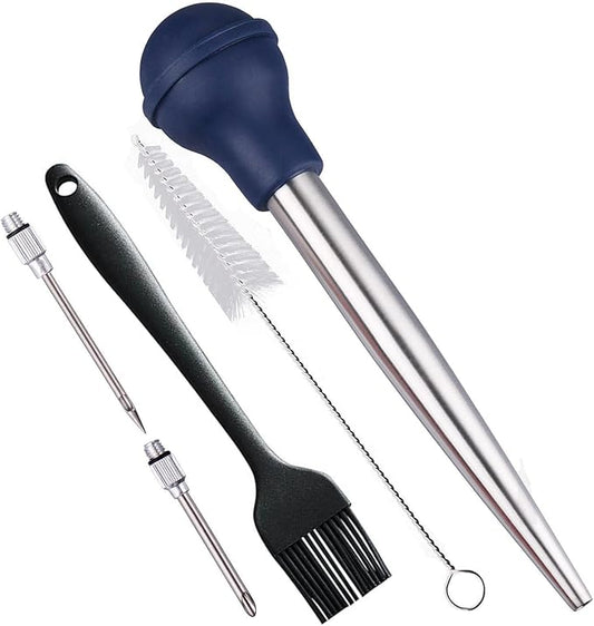 Turkey Baster, 18/8 Stainless Steel Turkey Baster Syringe for Cooking, Meat Injector Baster Set & 2 Needles & 2 Cleaning Basting Brush, Baster for Flavor Meat Poultry, Beef & Chicken Ect Blue