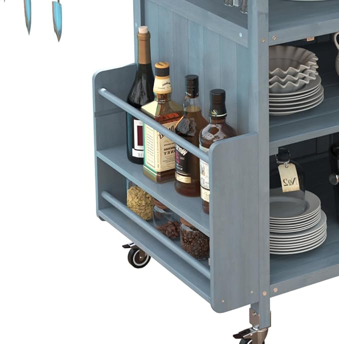 Outdoor Grill Cart with Stainless Steel Top, Solid Wood Outdoor Storage Cabinet with Drop Leaf, One Drawer, Towel Rack, Rolling Kitchen Cart with Lockable Wheels for Lawn Garden (Blue+Grey@072)
