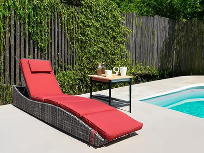 BTEXPERT Foldable Outdoor Chaise Pool Lounge Chair Folding Wicker Rattan Sun Bed Patio Couch Reclining Lounger Adjustable Padded Backrest Pillow Assembled - Red Burgundy