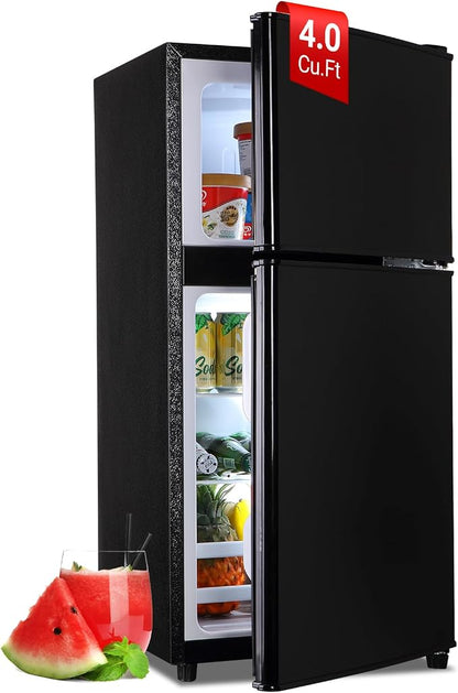 Mini Fridge with Freezer 4.0 Cu.Ft. Double-Door Mini Refrigerator Low Noise | 7-Level Adjustable Thermostat & Adjustable Glass Shelves, Compact Dorm Fridge 37 dB Low Noise for Bedroom, Black