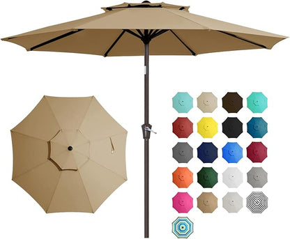 JEAREY 9' 2-Tiers Patio Umbrellas Outdoor Table Market Umbrella w/Push Button Tilt/Crank, 8 Sturdy Ribs, UV Protection Waterproof Sunproof(Tan)