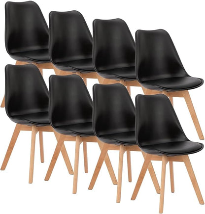 OLIXIS Modern Dining Chairs Set of 8, Plastic Kitchen Chairs with Wood Legs and Backrest, Lightweight Side Chair for Bedroom, Living Room, Apartment, Black
