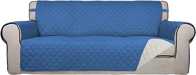 PureFit Reversible Quilted Sofa Cover, Water Resistant Slipcover Furniture Protector, Washable Couch Cover with Non Slip Foam and Elastic Straps for Kids, Dogs, Pets (X Large, Blue/Ivory) | Blue/Ivory, Water Resistant Couch Protector, Washable Pet Couc...