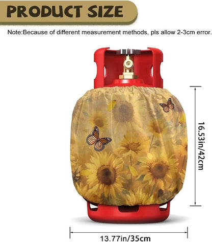 Propane Tank Covers 20lb Sunflower Butterfly Outdoor Heavy Duty Waterproof Windproof Gas Tank Cylinder Cover with Elastic Brand, Dress up Your Gas Grill, Fits Standard 20lb Cylinder