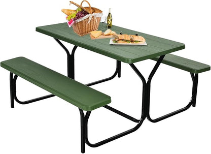 Picnic Table, Outdoor Dining Table with 2 Benches, Wood Grain Tabletop, Heavy Duty Metal Frame, Portable Picnic Table for Outdoors Backyard Garden Lawn Patio Poolside Deck (Green)