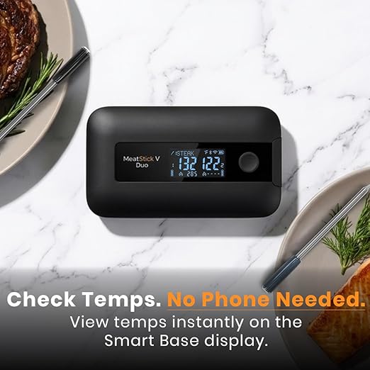 MeatStick V Duo Wireless Meat Thermometer with 2 Probes, WiFi & 900+ Ft Bluetooth, Smart Base LCD Display for Grill, Smoker, Oven, BBQ