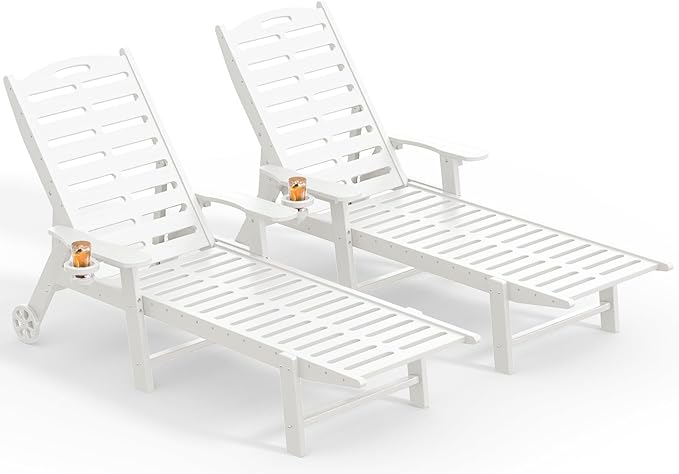 Ciokea Lounge Chair Outdoor Set of 2, 5-Position Adjustable Patio Lounge Chairs with Wheels & Cup Holder, Heavy Duty HDPE Poolside Set, Easy Rolling Chaise Lounge for Deck, Poolside, Backyard (White)