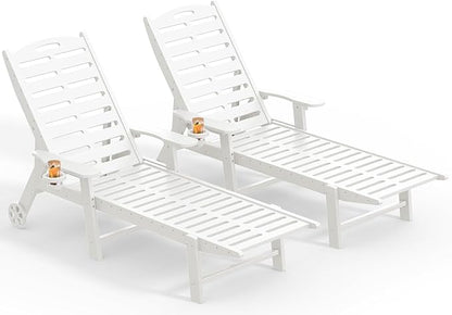 Ciokea Lounge Chair Outdoor Set of 2, 5-Position Adjustable Patio Lounge Chairs with Wheels & Cup Holder, Heavy Duty HDPE Poolside Set, Easy Rolling Chaise Lounge for Deck, Poolside, Backyard (White)