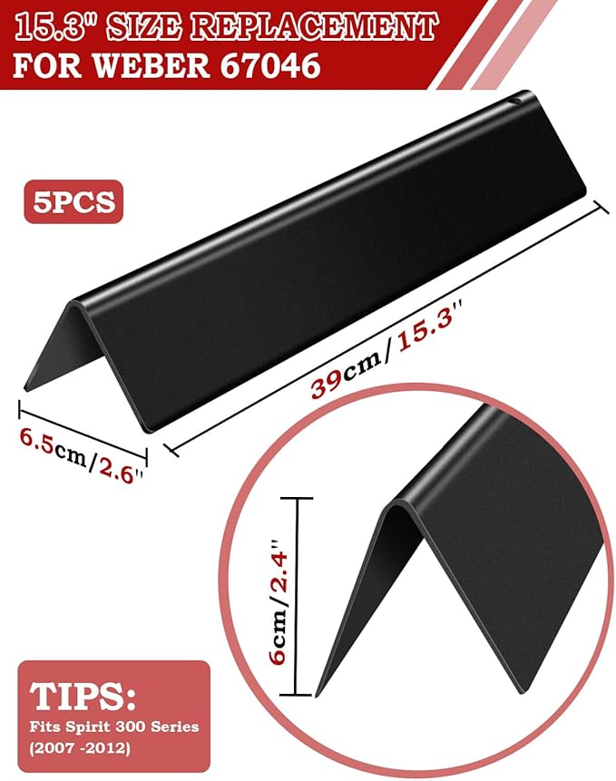 15.3 inch Flavorizer Bars Replacement for Weber 67046 Spirit 300 & Spirit II 300 Series Grill Parts with Front Control, 5 PCS Porcelain Enameled Steel Flavor Bars
