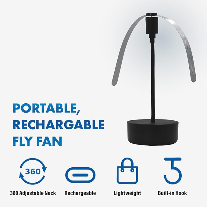 Black USB-C Rechargeable Food Fan FF-BK-04, Outdoor Dining Accessory and BBQ Essential, Lightweight with Adjustable Neck, Picnic Table Accessory and Patio Must-Have