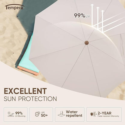 Tempera Heavy Duty High Wind Beach Umbrella with Sand Anchor & Carry Bag | Patio Outdoor Umbrella with Aluminum Frame and Push Button Tilt, Ideal for Travel Garden Lawn, UPF 60+