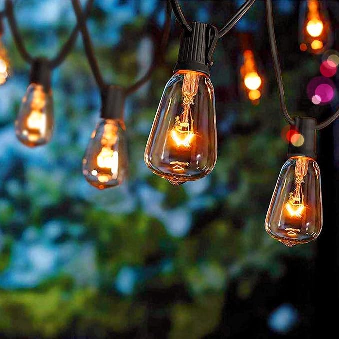 SUNSGNE 10Ft Outdoor Patio String Lights with 11 Edison Bulbs (1 Spare), Vintage Edison Bulb String Lights for Patio Garden Backyard Porch Bistro Umbrella Party, 7 Watt E12 Base, Black Wire