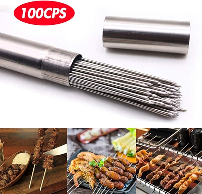BigOtters 13.4" Barbecue Skewers, 100PCS Metal Skewers for Grilling, BBQ, Reusable Needle Sticks for Meat, Shrimp, Chicken, Vegetable, Kitchen, Party, Outdoor Cooking, with Portable Metal Storage Tube