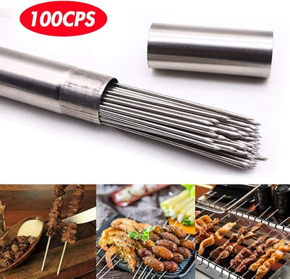 BigOtters 13.4" Barbecue Skewers, 100PCS Metal Skewers for Grilling, BBQ, Reusable Needle Sticks for Meat, Shrimp, Chicken, Vegetable, Kitchen, Party, Outdoor Cooking, with Portable Metal Storage Tube