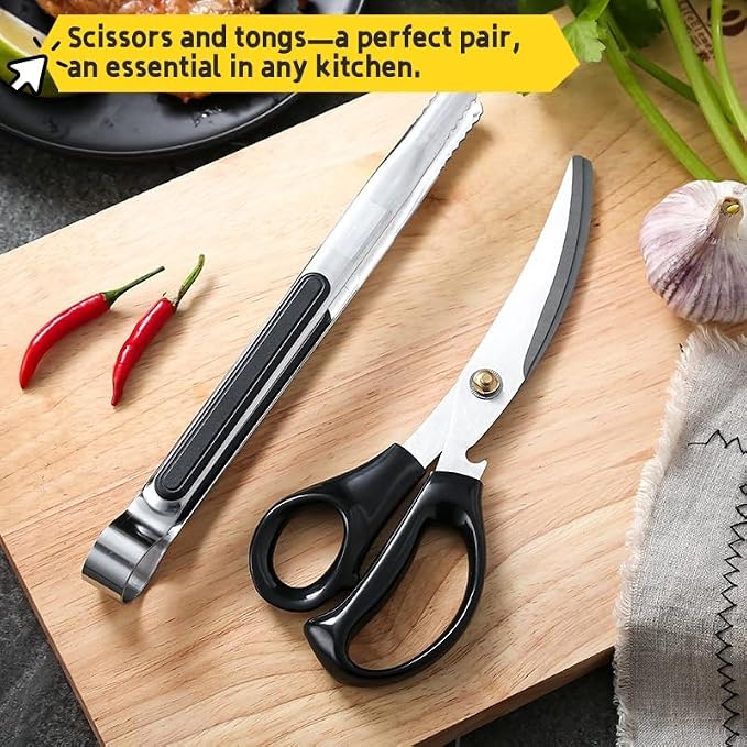 Korean Barbecue Scissors And Tongs Set, Bbq Scissors Bbq Tongs, Stainless Steel Ergonomic Sharp Shears And Clips For Kitchen, Cooking Clips,Pizza Shears For Easy Use (Black)
