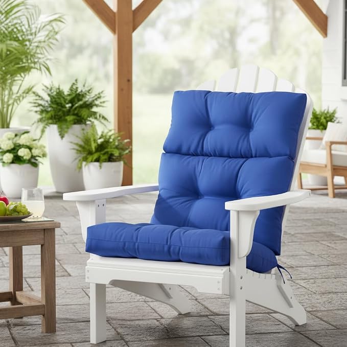 Outdoor Tufted High-Back Chair Cushions, One-Piece Hinged Seat and Back Design, Reversible with 4 Ties, Durable Polyester Fabric, Recycled Fiber Fill - Single, Marine Blue