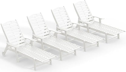 Ciokea Heavy Duty HDPE Chaise Lounge Chairs Outdoor Set of 4, 5-Position Adjustable Patio Sun Loungers with Wheels & Cup Holder, Outdoor Furniture Set for Poolside, Deck, Backyard, White