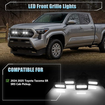 4 PCS Full LED Front Grille Lights for Toyo-ta Tacoma 2024 2025 SR SR5 Cab Pickup, White LED Grilles Clearance Light, Tacoma Accessories