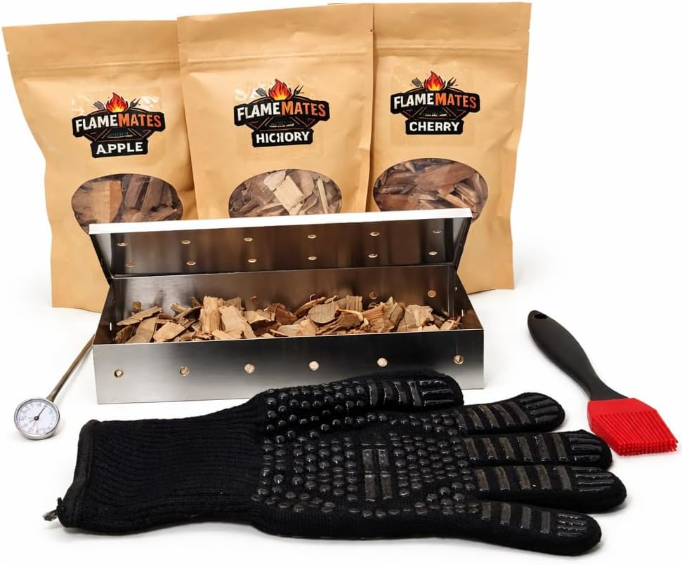 Deluxe BBQ Smoker Kit with Grilling Accessories | Includes Smoker Box, Basting Brush, Meat Thermometer, Heat-Resistant Glove, Instruction Manual, & 3 oz Hickory, Cherry & Apple Wood Chips
