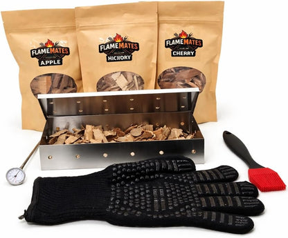 Deluxe BBQ Smoker Kit with Grilling Accessories | Includes Smoker Box, Basting Brush, Meat Thermometer, Heat-Resistant Glove, Instruction Manual, & 3 oz Hickory, Cherry & Apple Wood Chips