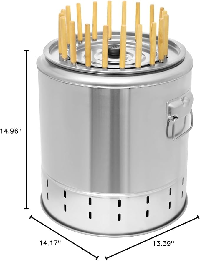 Portable Smokeless Charcoal Barbecue Barrel, Stainless Steel Surround Charcoal Kebab Grill with 20 Skewers 2-In-1 Large Capacity Barbecue Barrel for Picnics Camping Traveling Parties Beaches