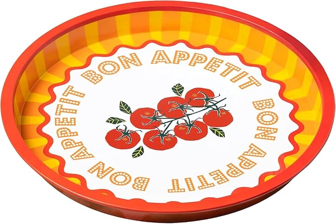 Talking Tables Large Round Serving Tray for Drinks, Snacks, Condiments Decorative and Colorful Tomato Design Summer Dining, BBQ, Outdoor Dining Garden Parties Made of Tin 12inches