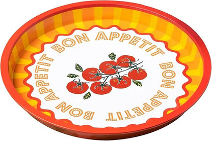 Talking Tables Large Round Serving Tray for Drinks, Snacks, Condiments Decorative and Colorful Tomato Design Summer Dining, BBQ, Outdoor Dining Garden Parties Made of Tin 12inches