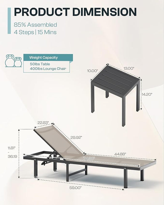 Outdoor Lounge Chairs Set of 2, Aluminum Pool Lounge Chairs with Wheels and 5-Position Recliner -Easy to Move- Patio Chaise Lounge Outdoor for Poolside, Deck, Beach (Khaki)