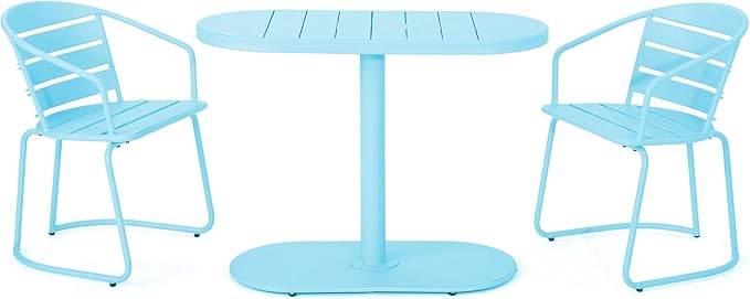 Christopher Knight Home Adley Outdoor Bistro Set, 3-Piece Bistro Table and Chair Set of 2, Patio Furniture Set with Iron Frame, Outdoor Bistro Dining Set, Poolside/Garden Cafeteria, Matte Light Blue