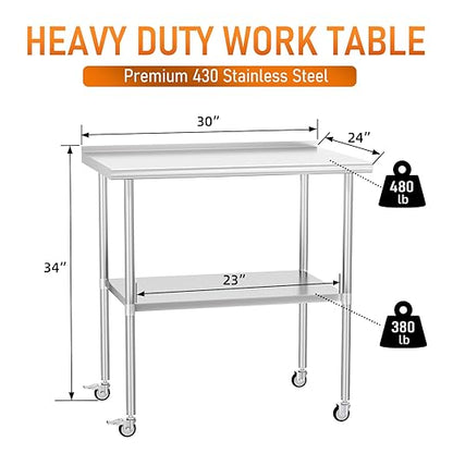 Stainless Steel Prep Table 24" X 30" with Adjustable Undershelf, Backsplash and Wheels, Commercial Metal Workstations for Kitchen, Garage, Outdoor BBQ