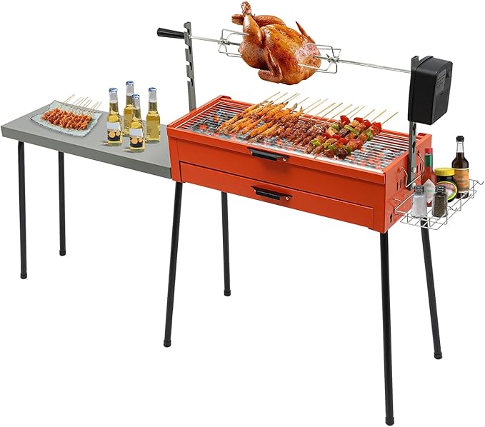 Portable Charcoal Grill for Outdoor Grill, 2 in 1 Stainless Steel Barbecue Grill Rotisserie Electric Grill, Foldable Camping Grill with Detachable Table, Spice Rack, Ideal for Outdoor Camping BBQ