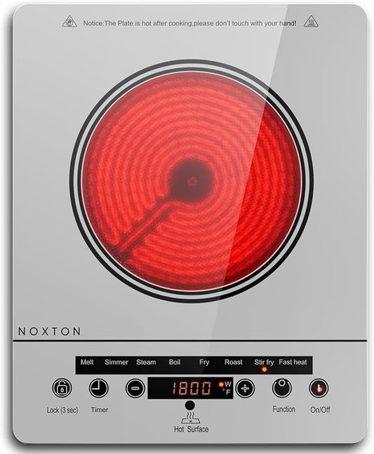Noxton Portable Electric Stove 110V, 1800W Single Burner Electric Cooktop, Countertop Burner Electri Hot Plate, 4 Hour Timer, 9 Power Level, Child Safety Lock, Compatible with All Cookware(Grey)