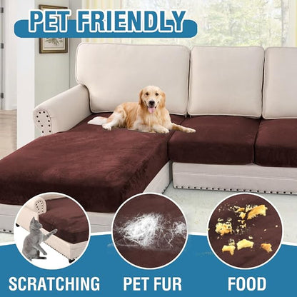 H.VERSAILTEX Velvet Stretch Sectional Couch Covers - 4 Piece L Shape Sofa Seat Cushion Set for 3 Seater + 1 Chaise (Brown)