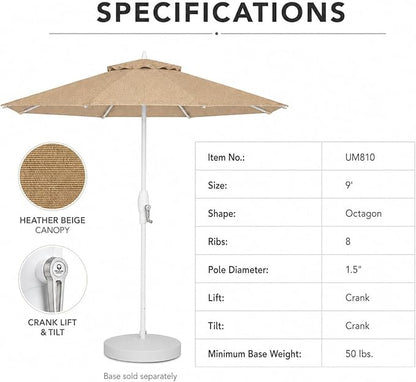 Treasure Garden 9ft Patio Umbrella - Outdoor Furniture Market Umbrella – Deluxe Auto-Tilt – White Aluminum Frame (Sunbrella, Heather Beige)
