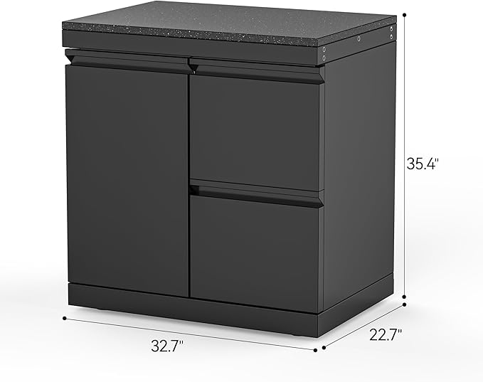 Black Stainless Steel Outdoor Kitchen Combo Cabinet Left Door Right Two Drawers, Black Galaxy Granite Countertop, for Grill Island, Patio BBQ Station