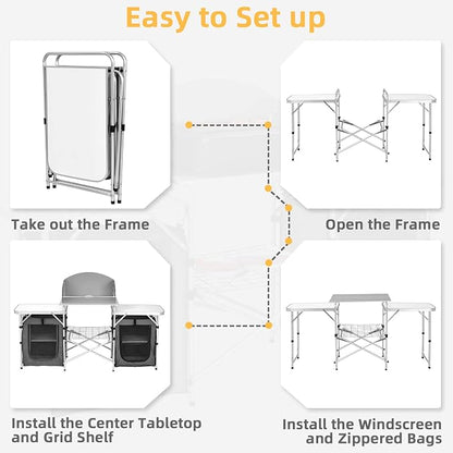 Giantex Camping Kitchen Station, Folding Grill Table with 26'' Tabletop, 2 Side Tables, Storage Organizer, Detachable Windscreen, Portable Camp Cook Outdoor Prep Station Backyard BBQ Picnic (Grey)